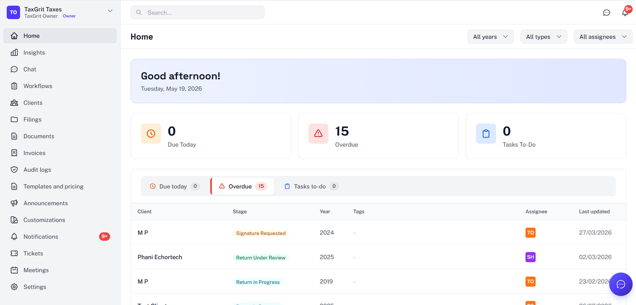 TaxGrit command centre showing due-today, overdue, and a live file list