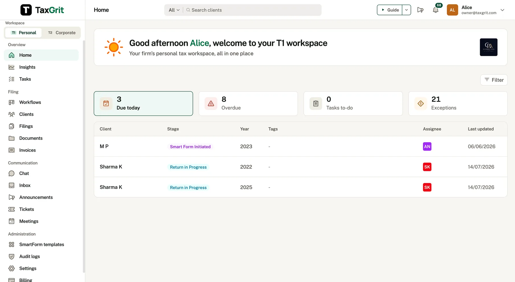 TaxGrit firm home workspace listing client files with due dates and review status